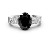 White gold Fancy Black Oval Cut Solitaire Princess Side Stone Engraved Band Prong Setting Ring_12