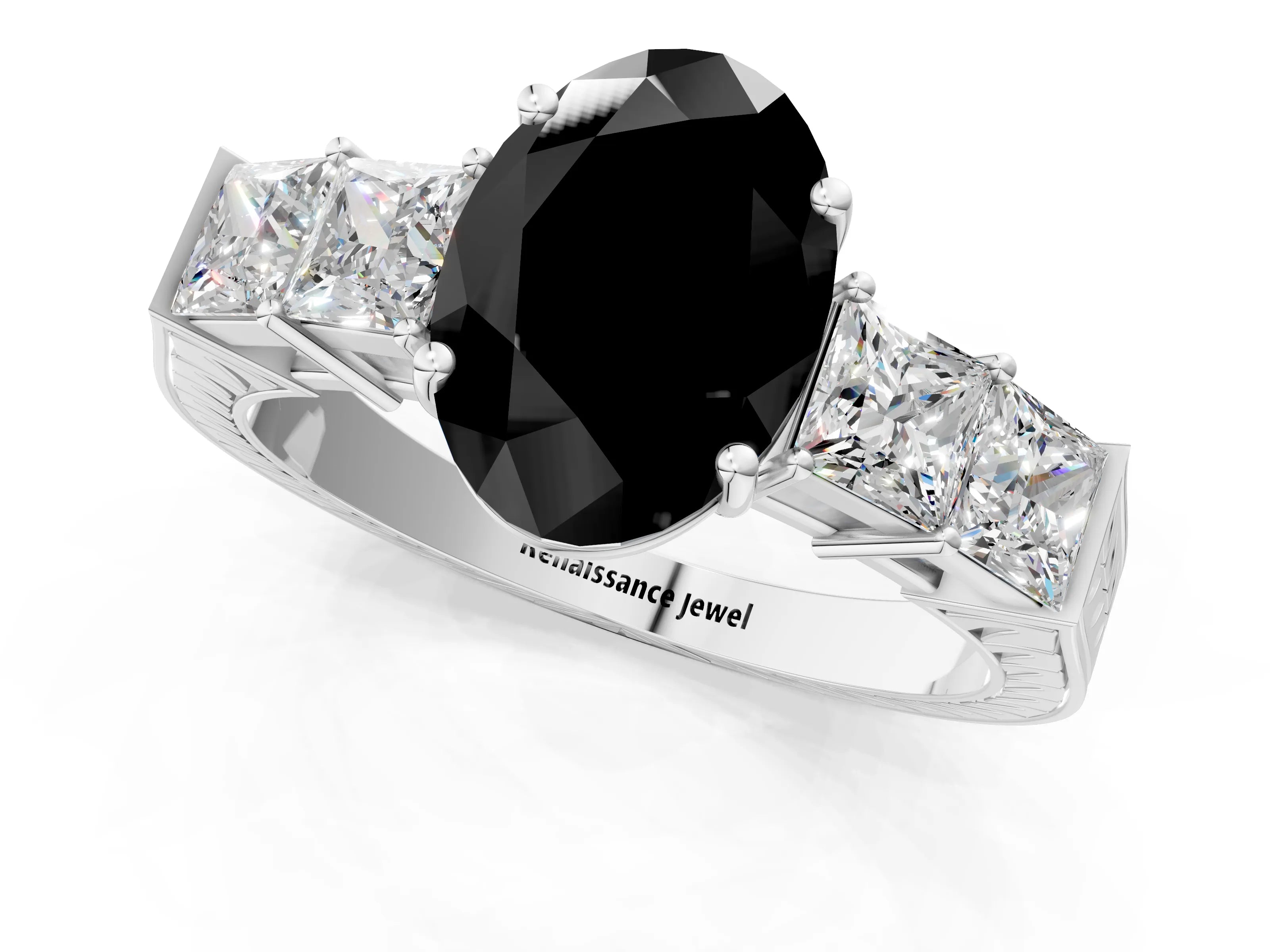 White gold Fancy Black Oval Cut Solitaire Princess Side Stone Engraved Band Prong Setting Ring_13