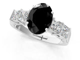 White gold Fancy Black Oval Cut Solitaire Princess Side Stone Engraved Band Prong Setting Ring_13