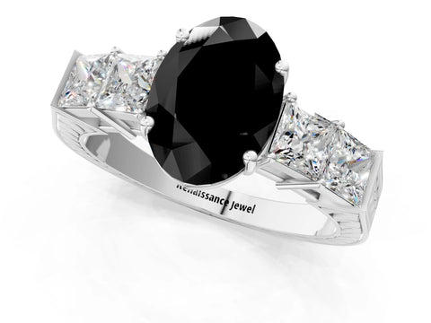 White gold Fancy Black Oval Cut Solitaire Princess Side Stone Engraved Band Prong Setting Ring_13