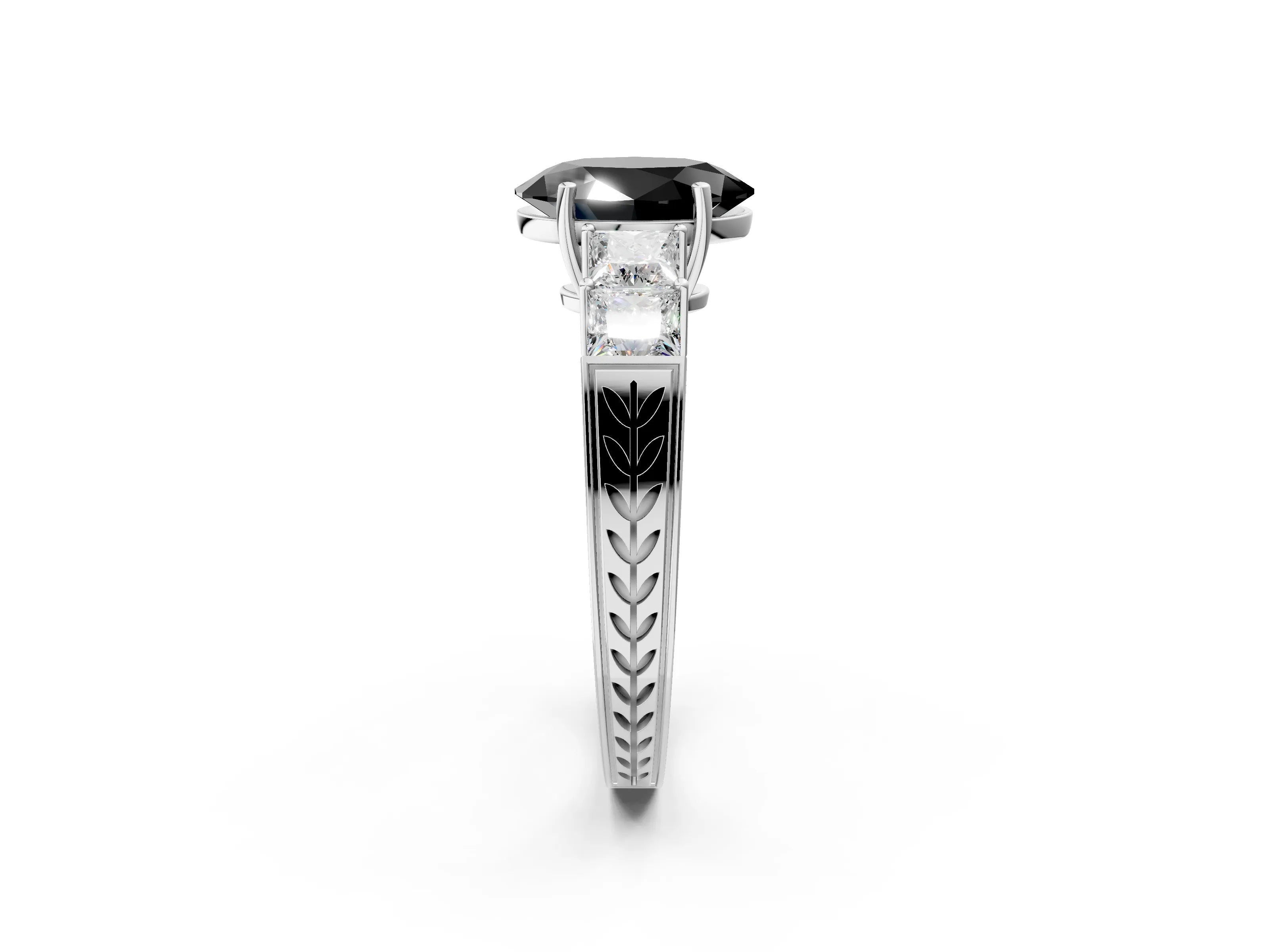 White gold Fancy Black Oval Cut Solitaire Princess Side Stone Engraved Band Prong Setting Ring_14