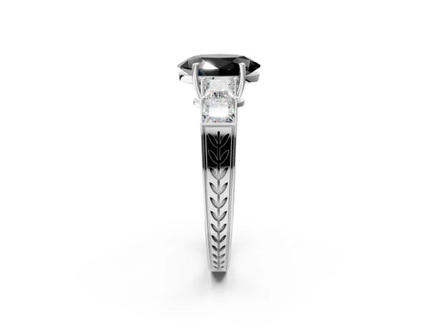 White gold Fancy Black Oval Cut Solitaire Princess Side Stone Engraved Band Prong Setting Ring_14