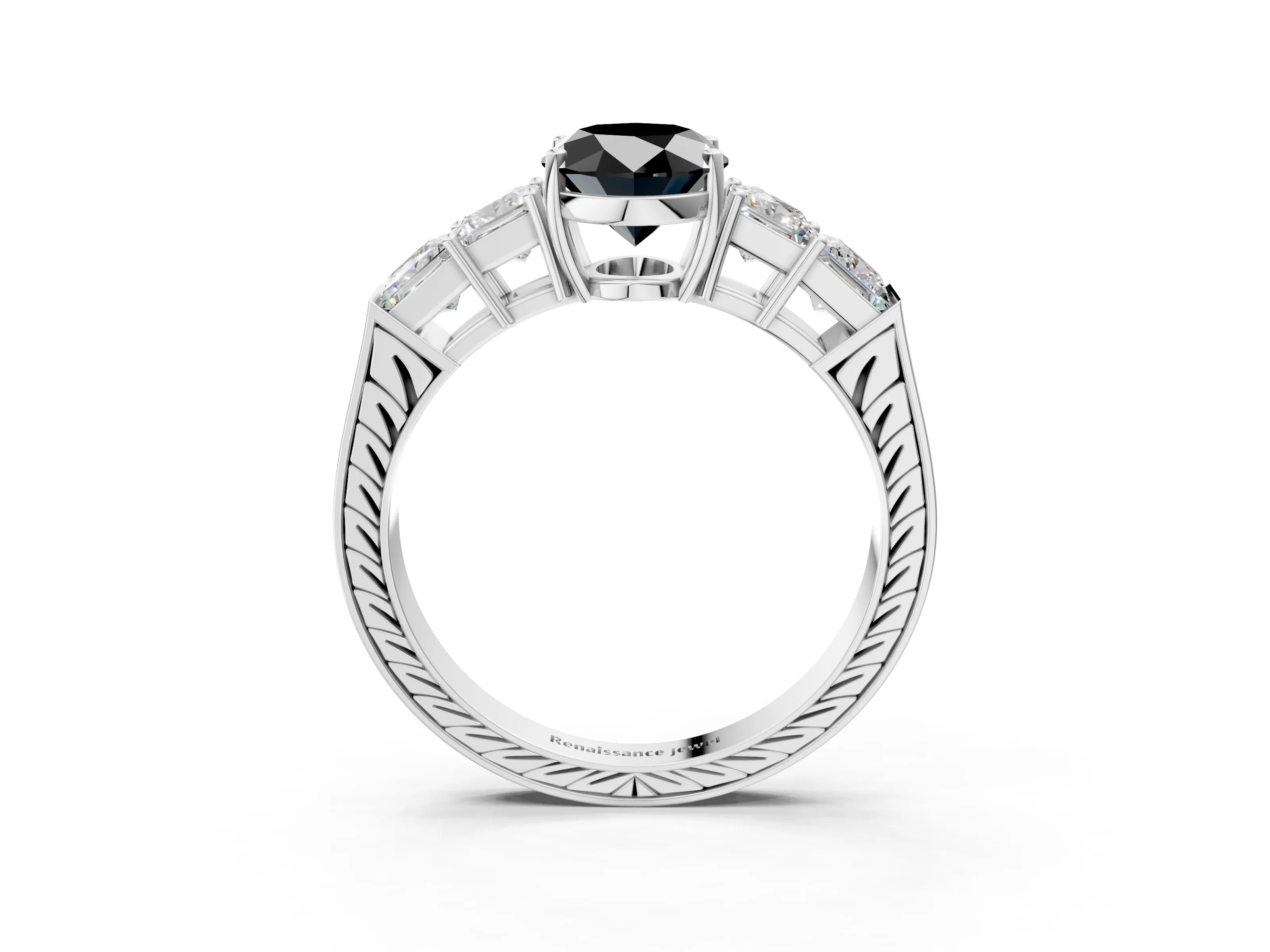 White gold Fancy Black Oval Cut Solitaire Princess Side Stone Engraved Band Prong Setting Ring_15