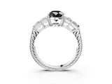 White gold Fancy Black Oval Cut Solitaire Princess Side Stone Engraved Band Prong Setting Ring_15