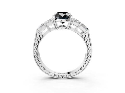 White gold Fancy Black Oval Cut Solitaire Princess Side Stone Engraved Band Prong Setting Ring_15