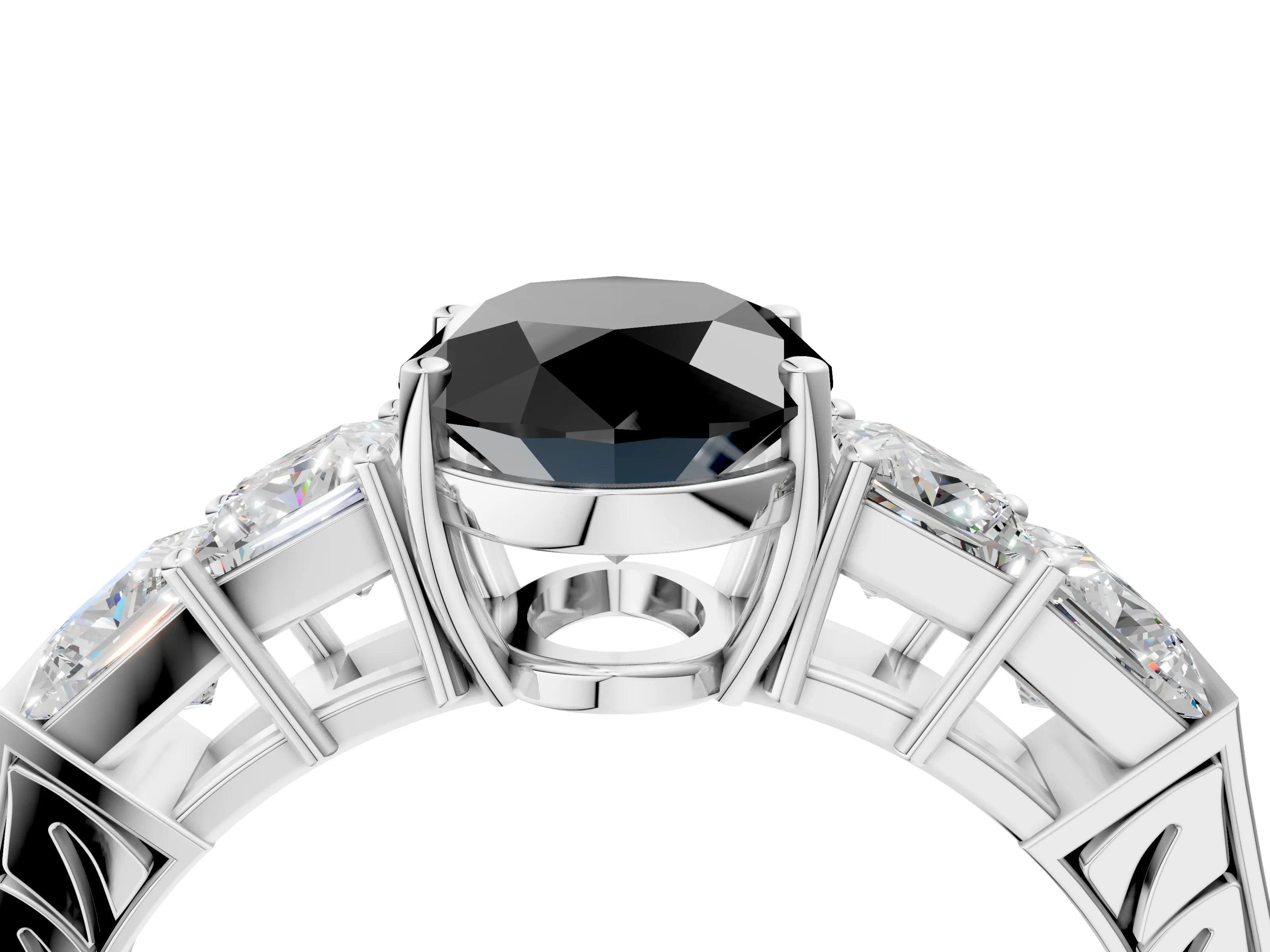 White gold Fancy Black Oval Cut Solitaire Princess Side Stone Engraved Band Prong Setting Ring_16