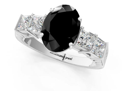 White gold Fancy Black Oval Cut Solitaire Princess Side Stone Engraved Band Prong Setting Ring_1
