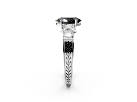 White gold Fancy Black Oval Cut Solitaire Princess Side Stone Engraved Band Prong Setting Ring_2