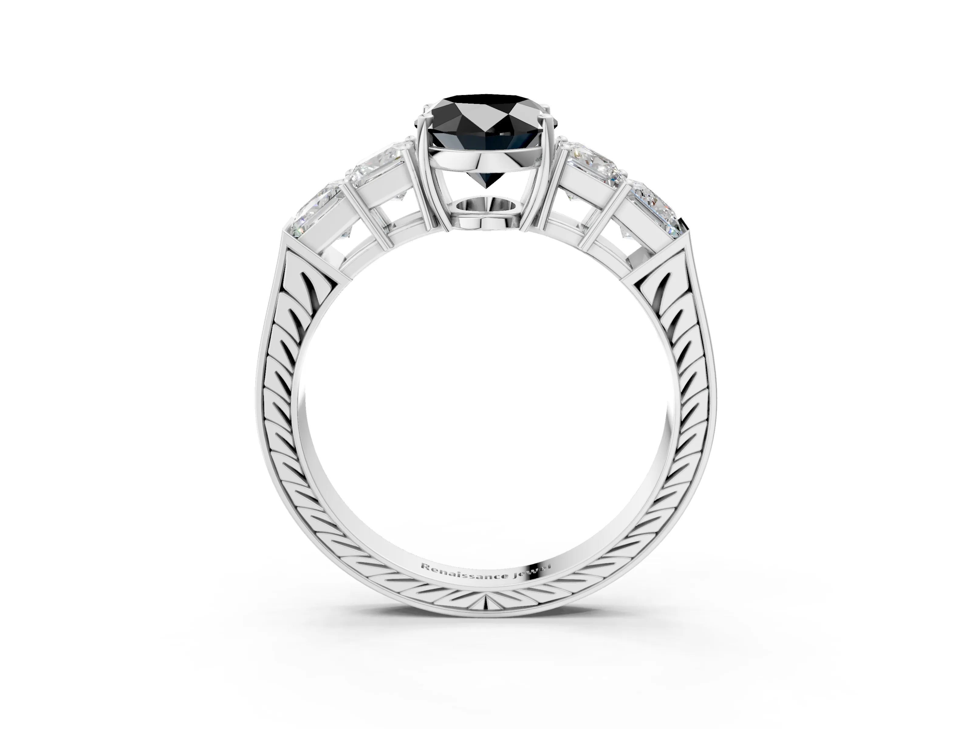 White gold Fancy Black Oval Cut Solitaire Princess Side Stone Engraved Band Prong Setting Ring_3