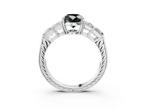 White gold Fancy Black Oval Cut Solitaire Princess Side Stone Engraved Band Prong Setting Ring_3