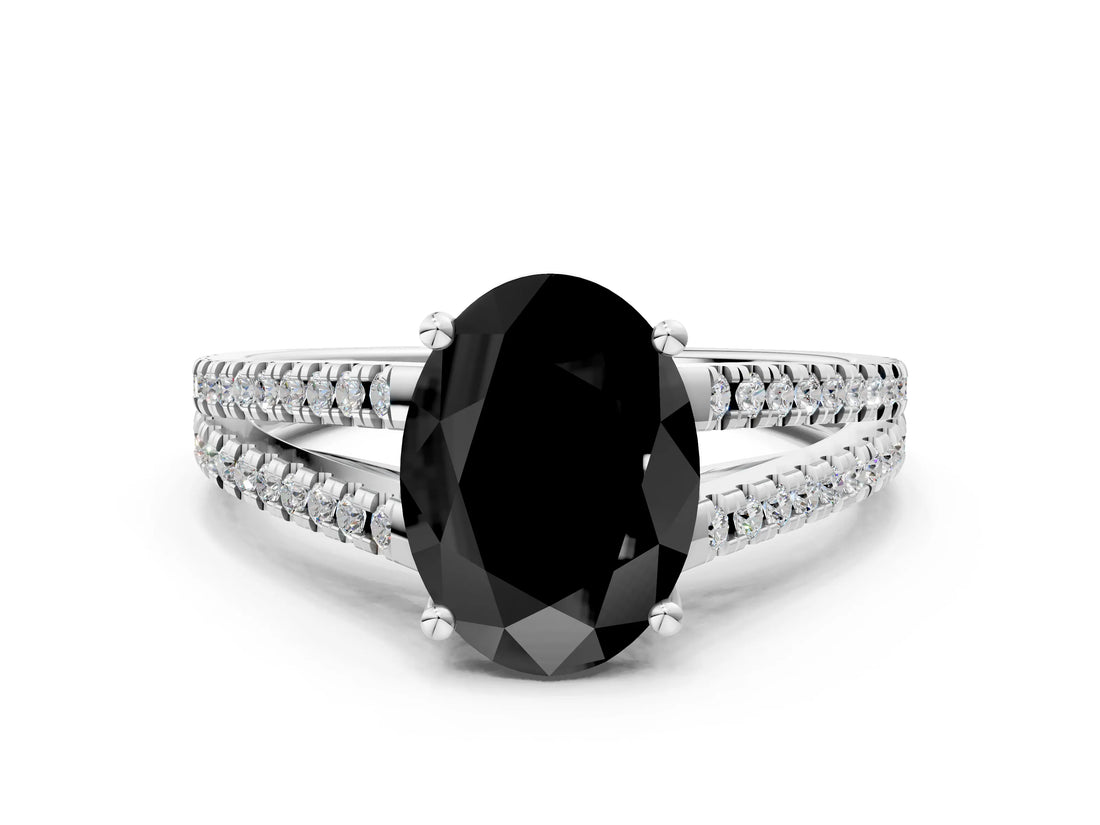 White gold Fancy Black Oval Cut Solitaire Split Shank Pavé Diamond Engagement Ring