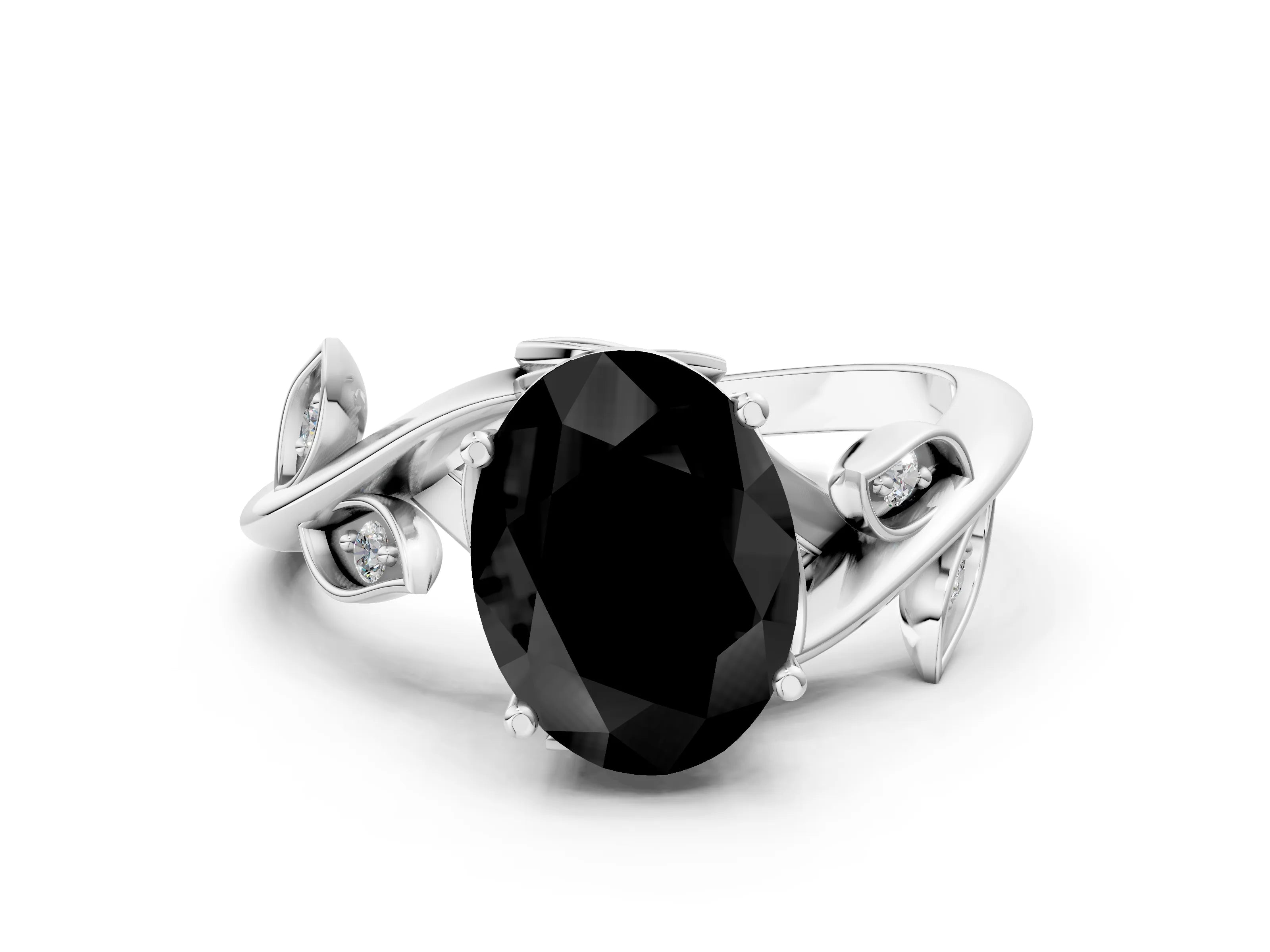 White gold Fancy Black Oval Cut Solitaire Twist Engagement Ring with Leaf Accents and Prong Setting_12