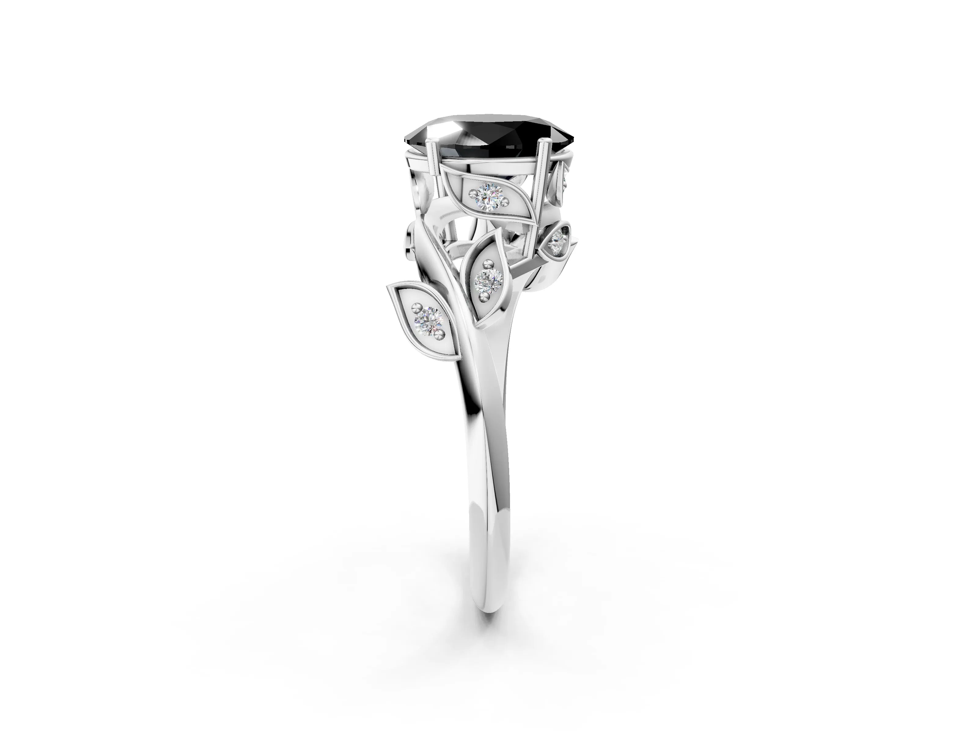 White gold Fancy Black Oval Cut Solitaire Twist Engagement Ring with Leaf Accents and Prong Setting_14