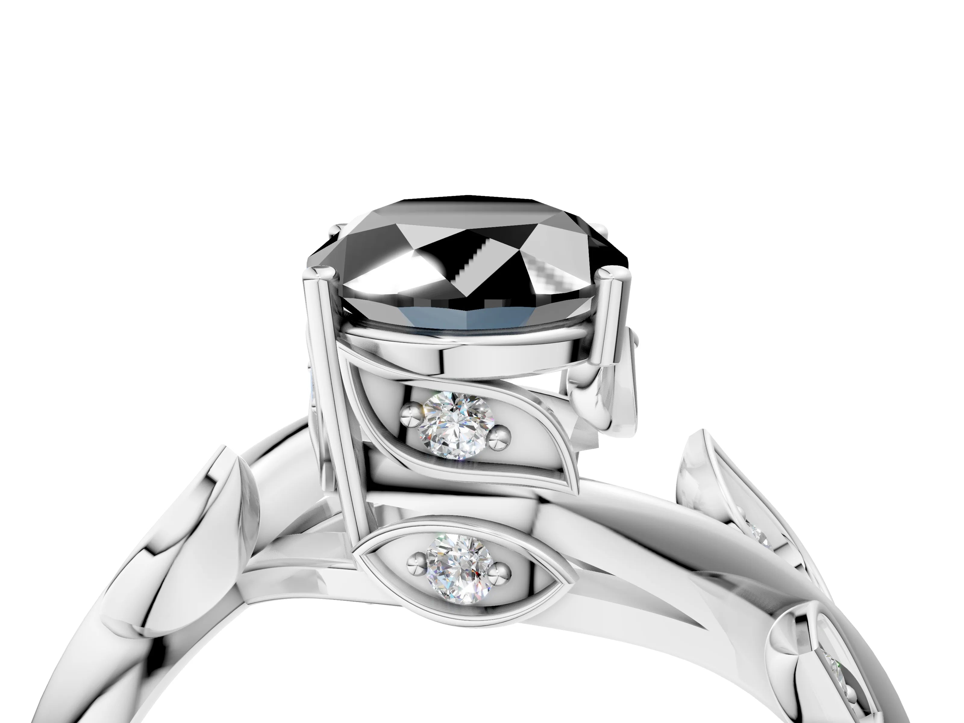 White gold Fancy Black Oval Cut Solitaire Twist Engagement Ring with Leaf Accents and Prong Setting_16