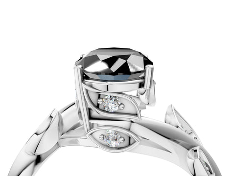White gold Fancy Black Oval Cut Solitaire Twist Engagement Ring with Leaf Accents and Prong Setting_16
