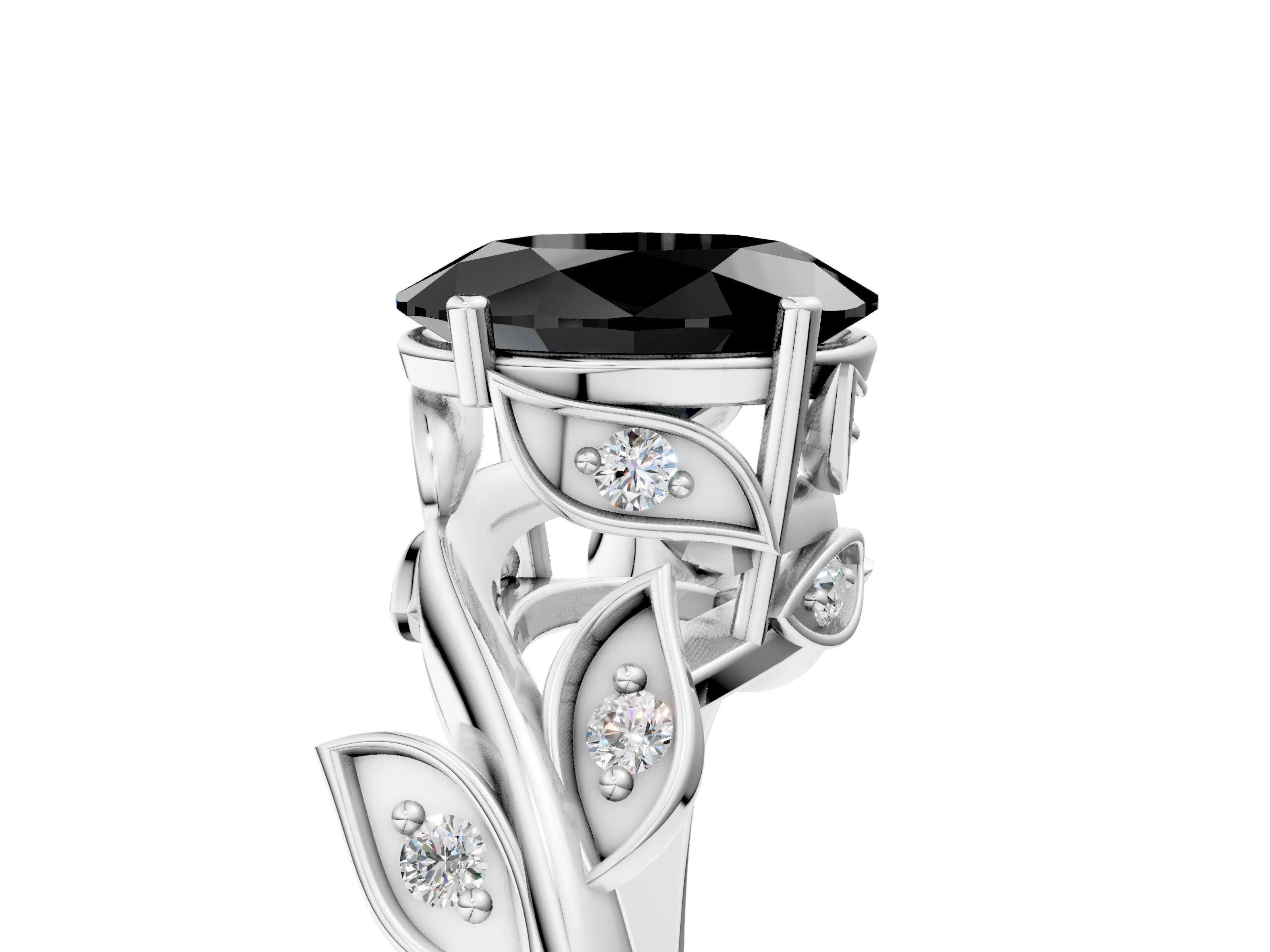 White gold Fancy Black Oval Cut Solitaire Twist Engagement Ring with Leaf Accents and Prong Setting_17