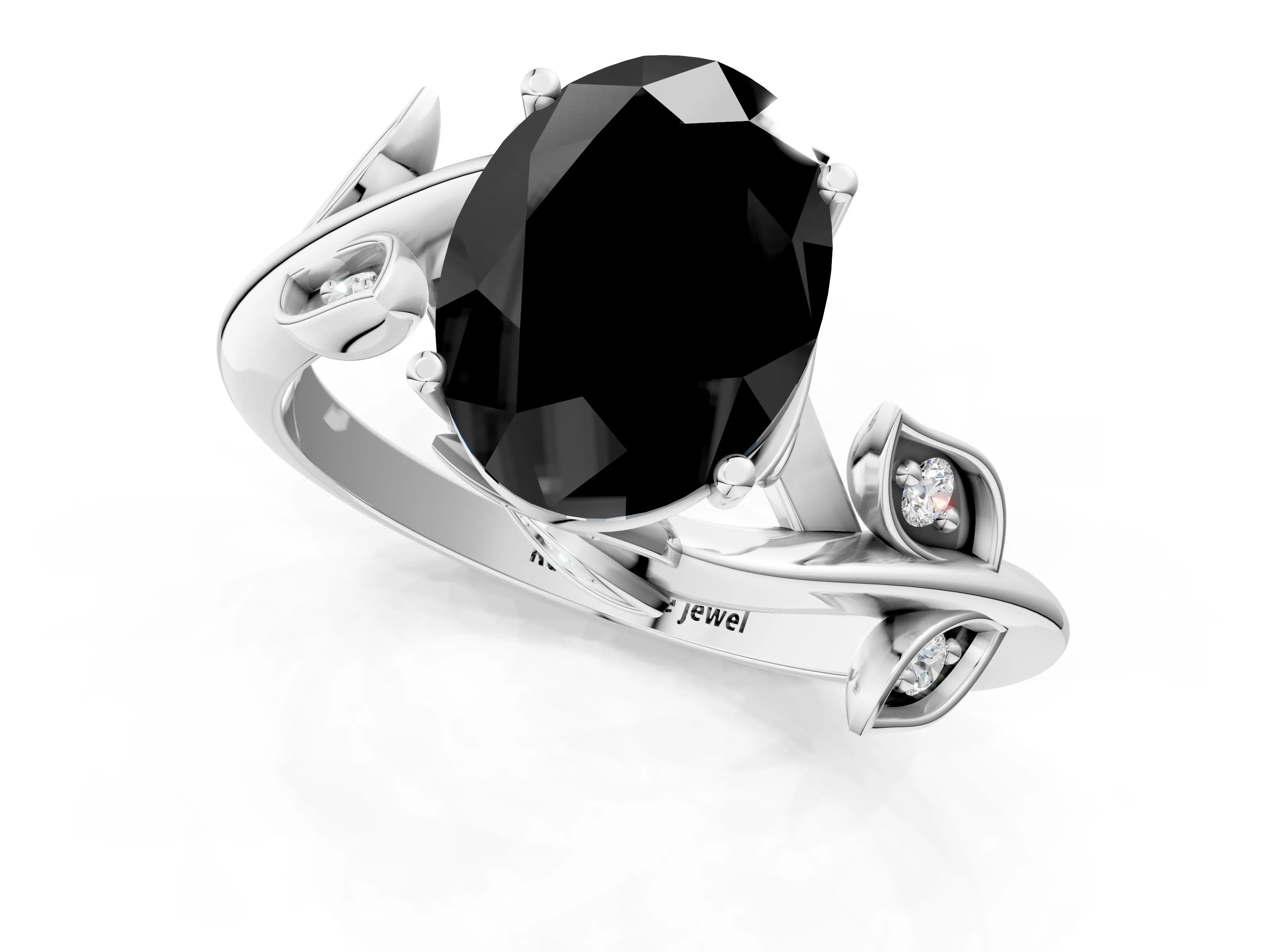 White gold Fancy Black Oval Cut Solitaire Twist Engagement Ring with Leaf Accents and Prong Setting_1