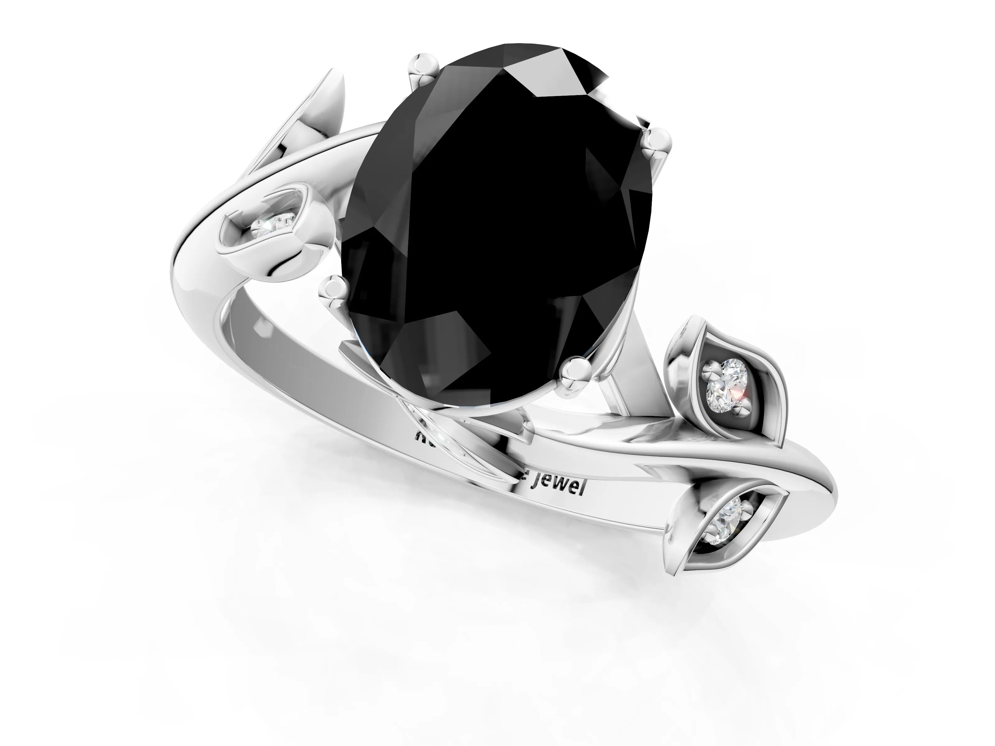 White gold Fancy Black Oval Cut Solitaire Twist Engagement Ring with Leaf Accents and Prong Setting_1