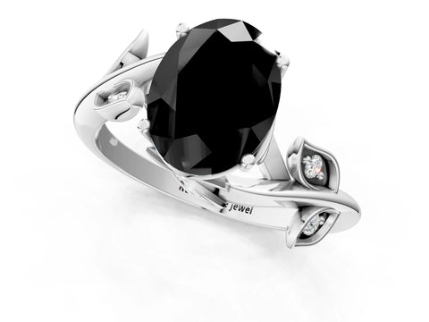 White gold Fancy Black Oval Cut Solitaire Twist Engagement Ring with Leaf Accents and Prong Setting_1