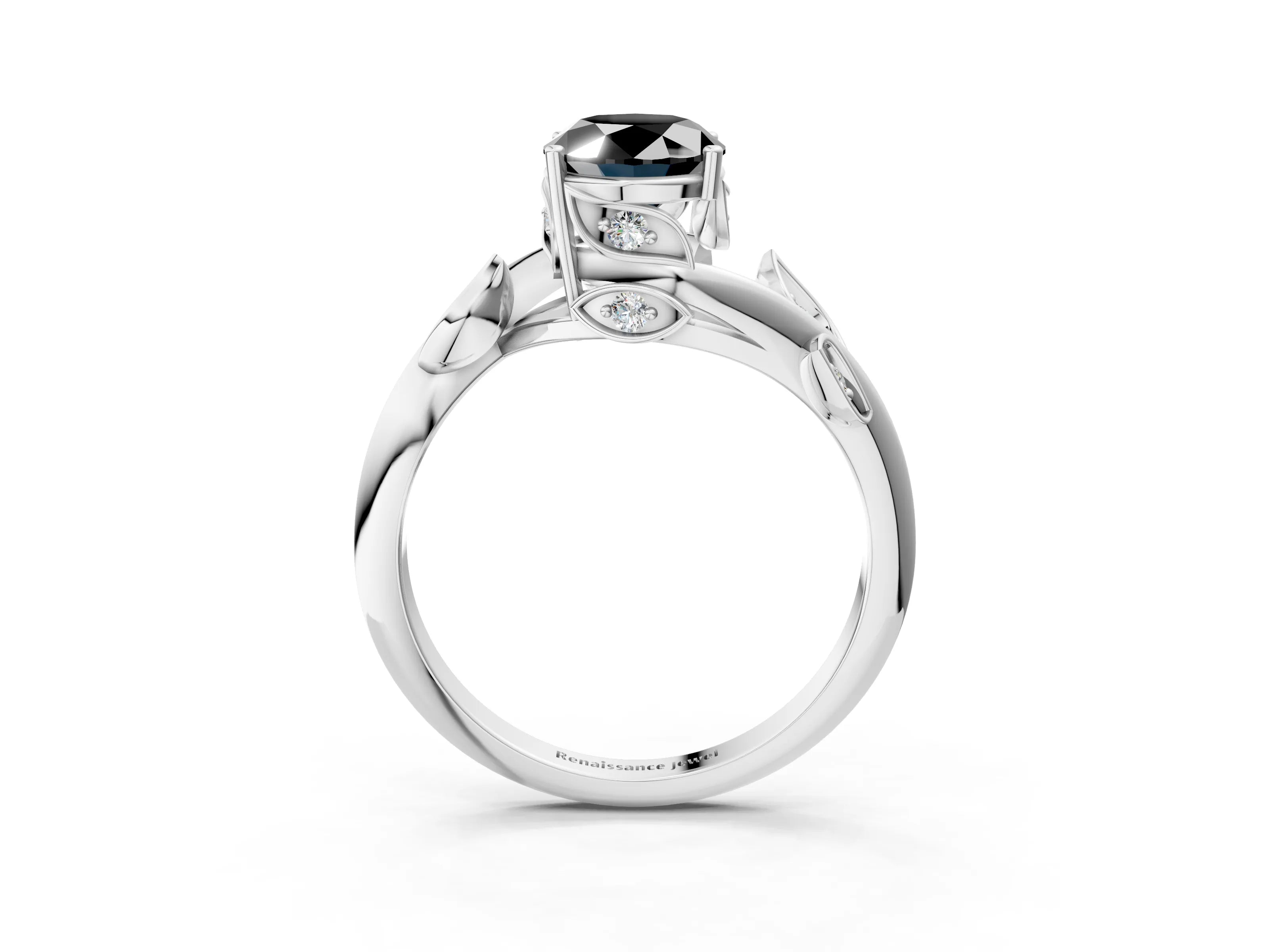 White gold Fancy Black Oval Cut Solitaire Twist Engagement Ring with Leaf Accents and Prong Setting_3