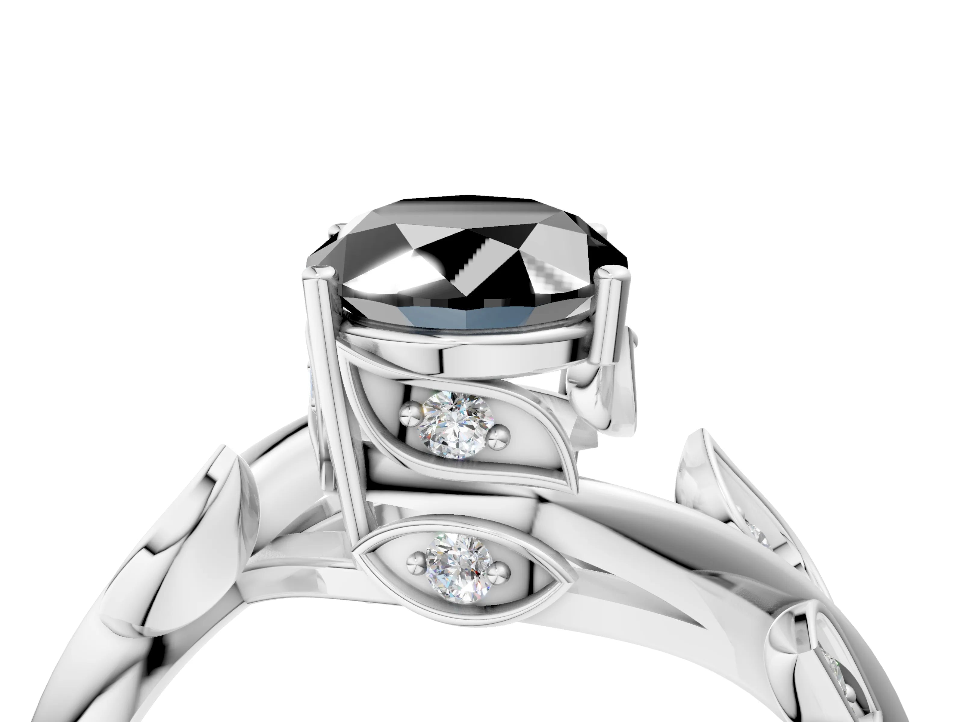 White gold Fancy Black Oval Cut Solitaire Twist Engagement Ring with Leaf Accents and Prong Setting_4
