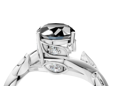 White gold Fancy Black Oval Cut Solitaire Twist Engagement Ring with Leaf Accents and Prong Setting_4