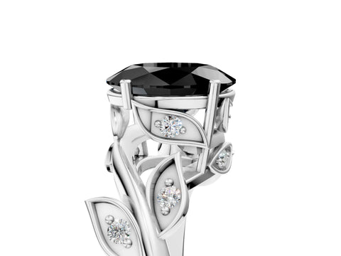 White gold Fancy Black Oval Cut Solitaire Twist Engagement Ring with Leaf Accents and Prong Setting_5