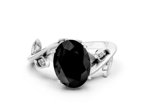 White gold Fancy Black Oval Cut Solitaire Twist Engagement Ring with Leaf Accents and Prong Setting