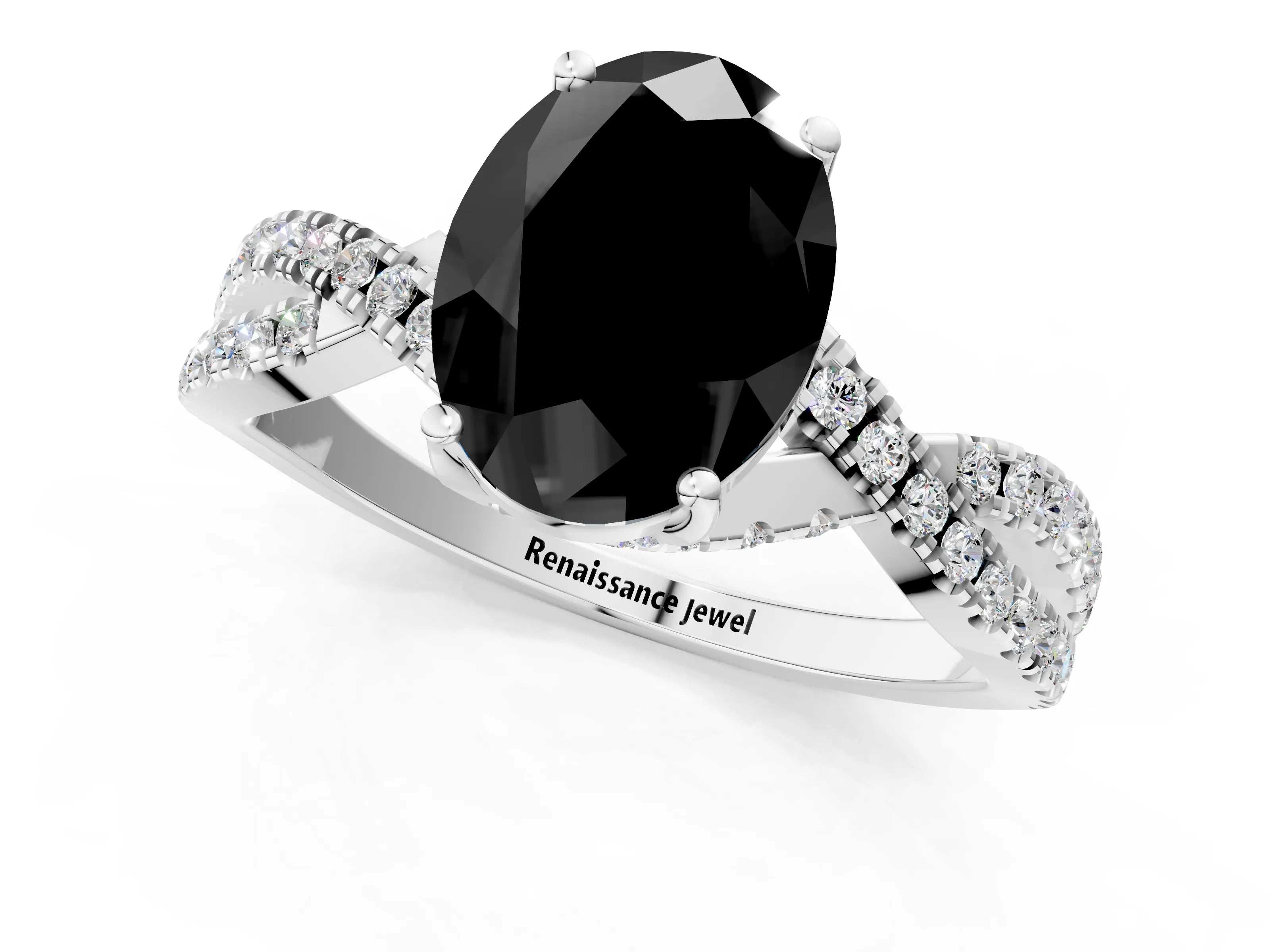 White gold Fancy Black Oval Cut Solitaire Twist Pave Diamond Engagement Ring with Prong Setting_1