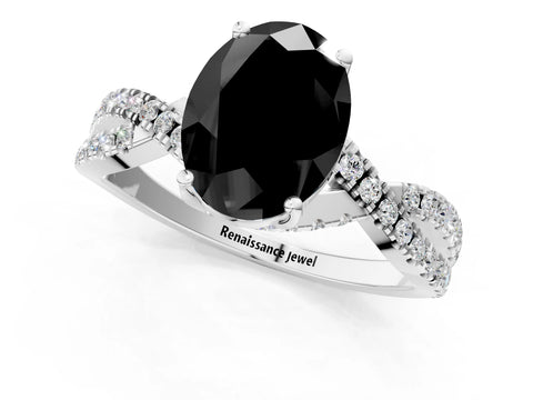 White gold Fancy Black Oval Cut Solitaire Twist Pave Diamond Engagement Ring with Prong Setting_11