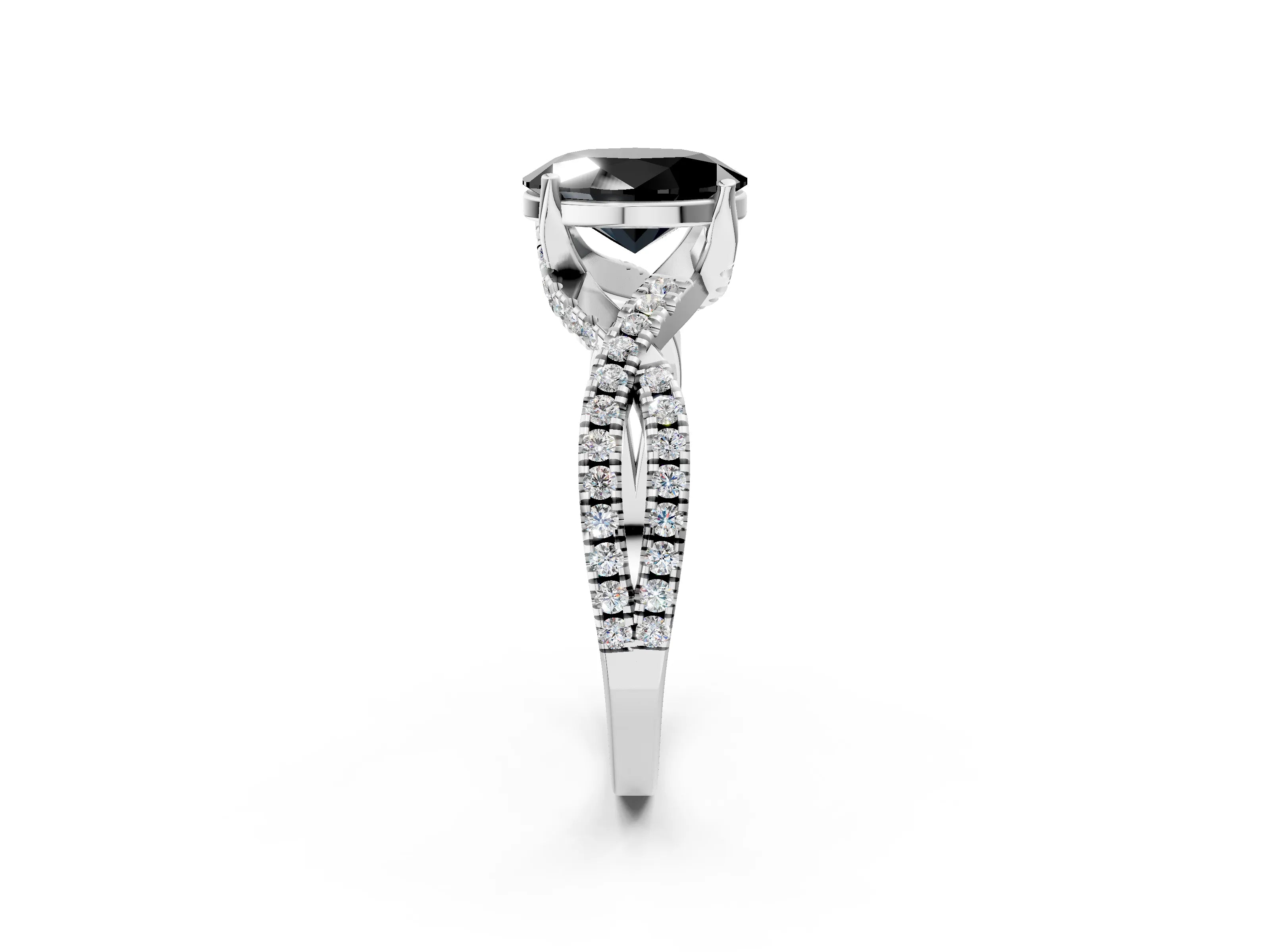 White gold Fancy Black Oval Cut Solitaire Twist Pave Diamond Engagement Ring with Prong Setting_12