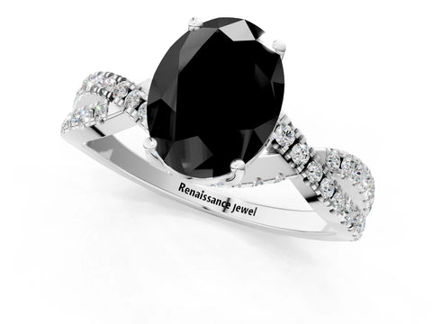 White gold Fancy Black Oval Cut Solitaire Twist Pave Diamond Engagement Ring with Prong Setting_13