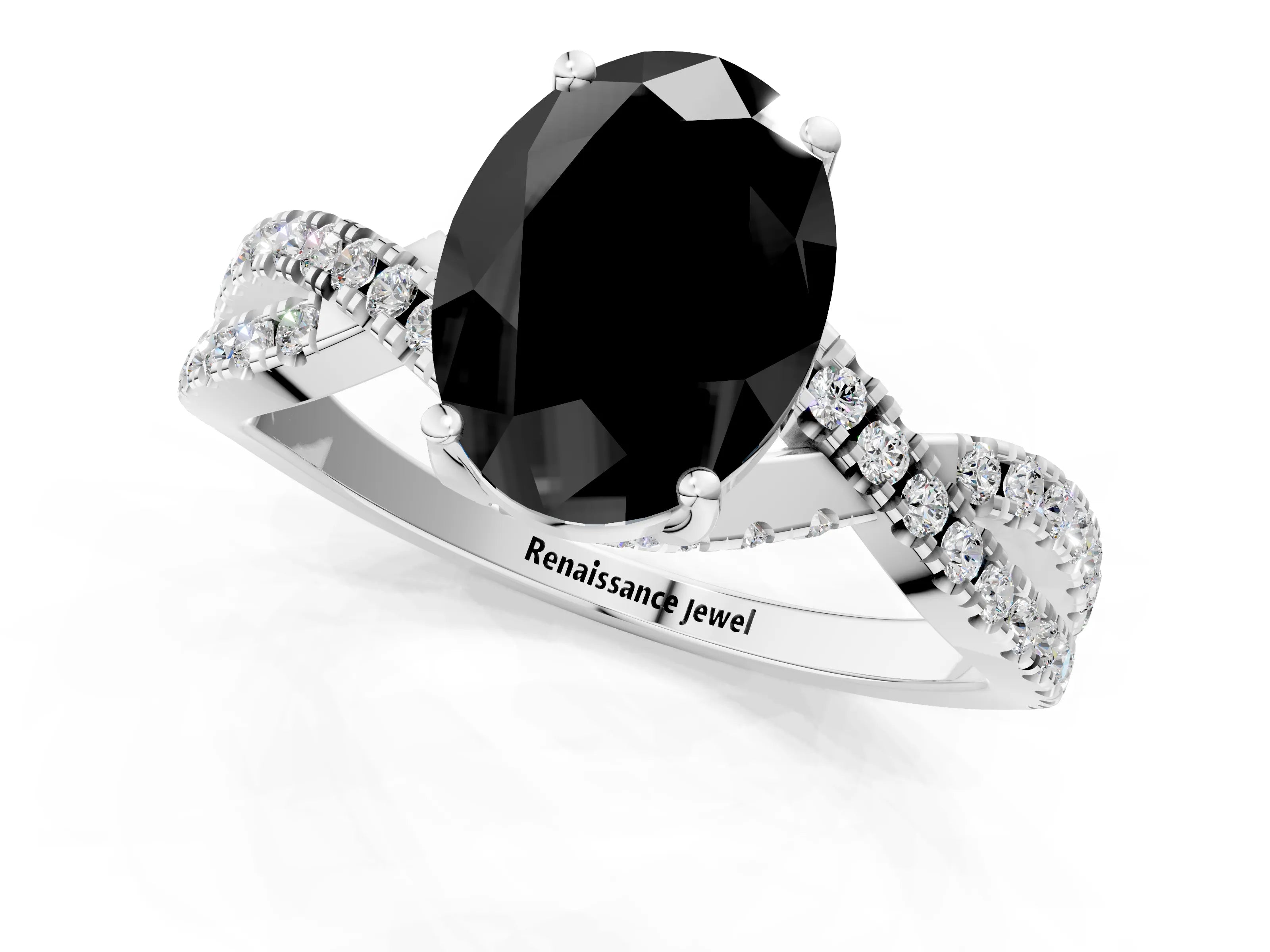 White gold Fancy Black Oval Cut Solitaire Twist Pave Diamond Engagement Ring with Prong Setting_1