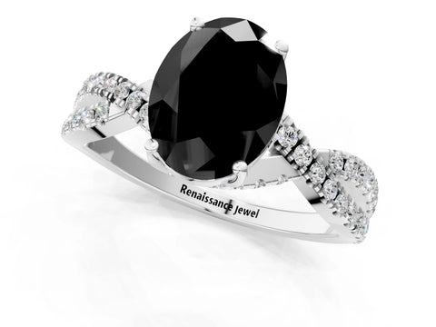 White gold Fancy Black Oval Cut Solitaire Twist Pave Diamond Engagement Ring with Prong Setting_1