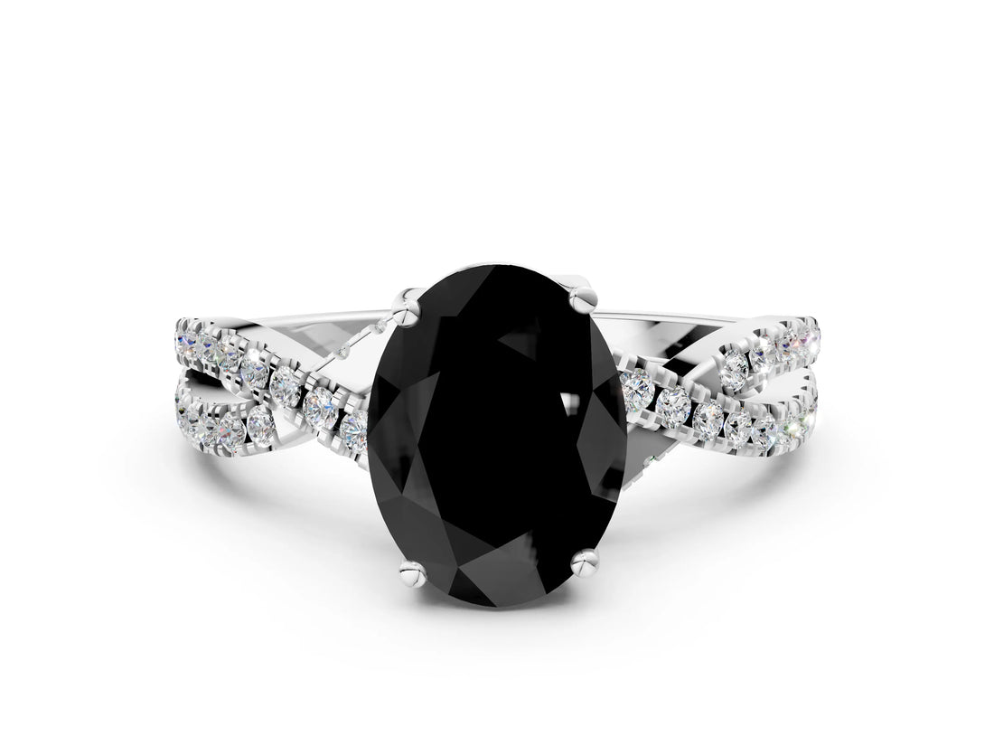 White gold Fancy Black Oval Cut Solitaire Twist Pave Diamond Engagement Ring with Prong Setting_22