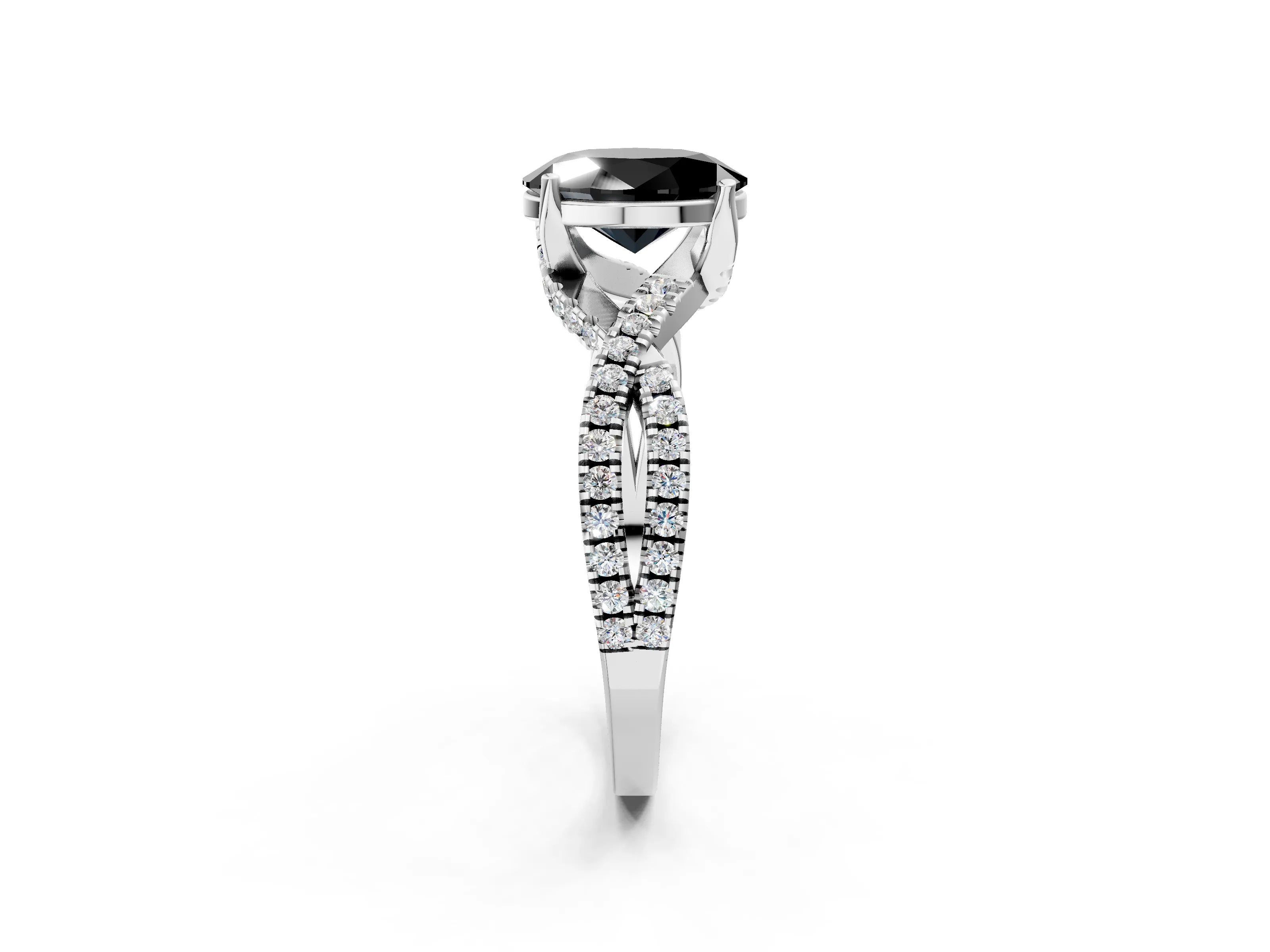White gold Fancy Black Oval Cut Solitaire Twist Pave Diamond Engagement Ring with Prong Setting_2