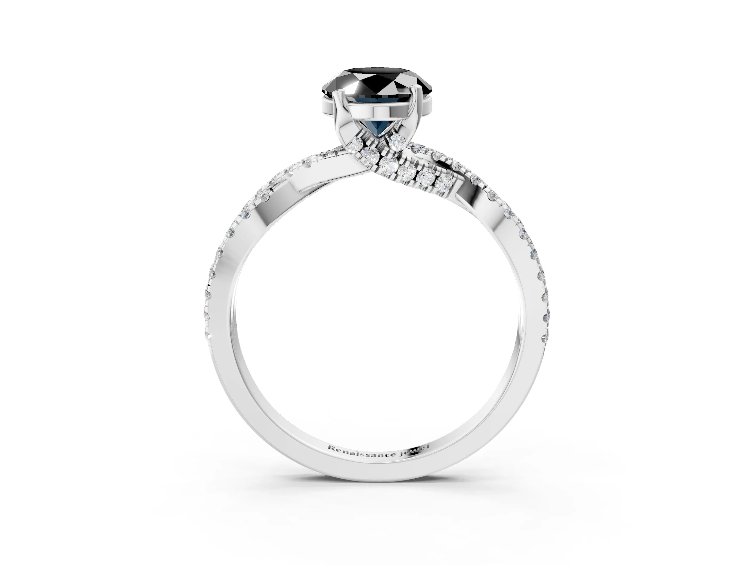 White gold Fancy Black Oval Cut Solitaire Twist Pave Diamond Engagement Ring with Prong Setting_3