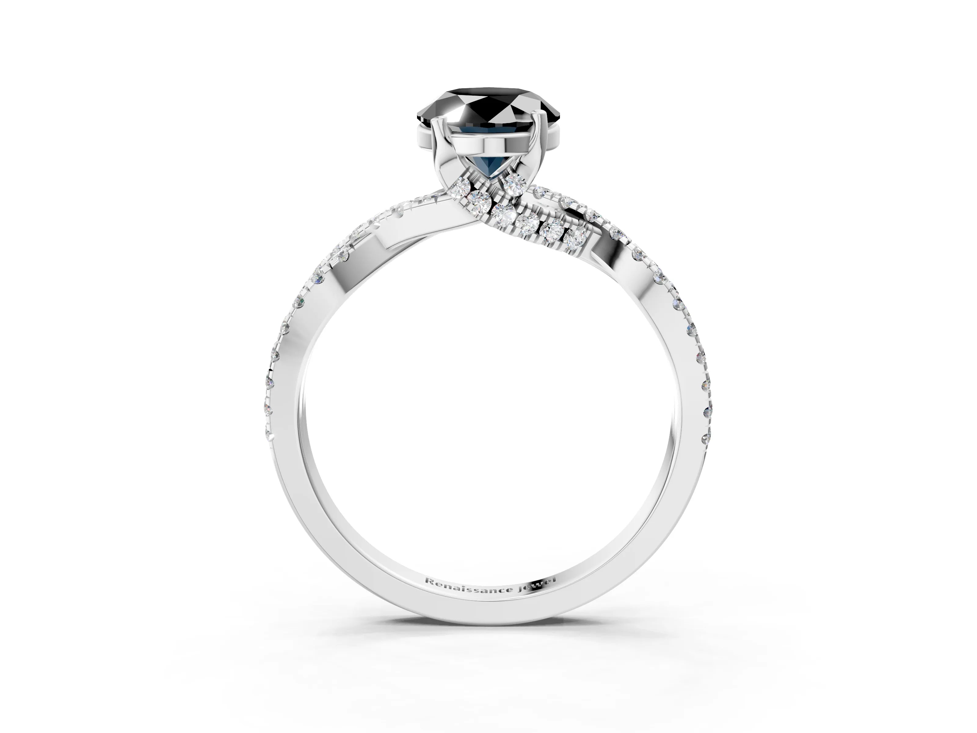 White gold Fancy Black Oval Cut Solitaire Twist Pave Diamond Engagement Ring with Prong Setting_3