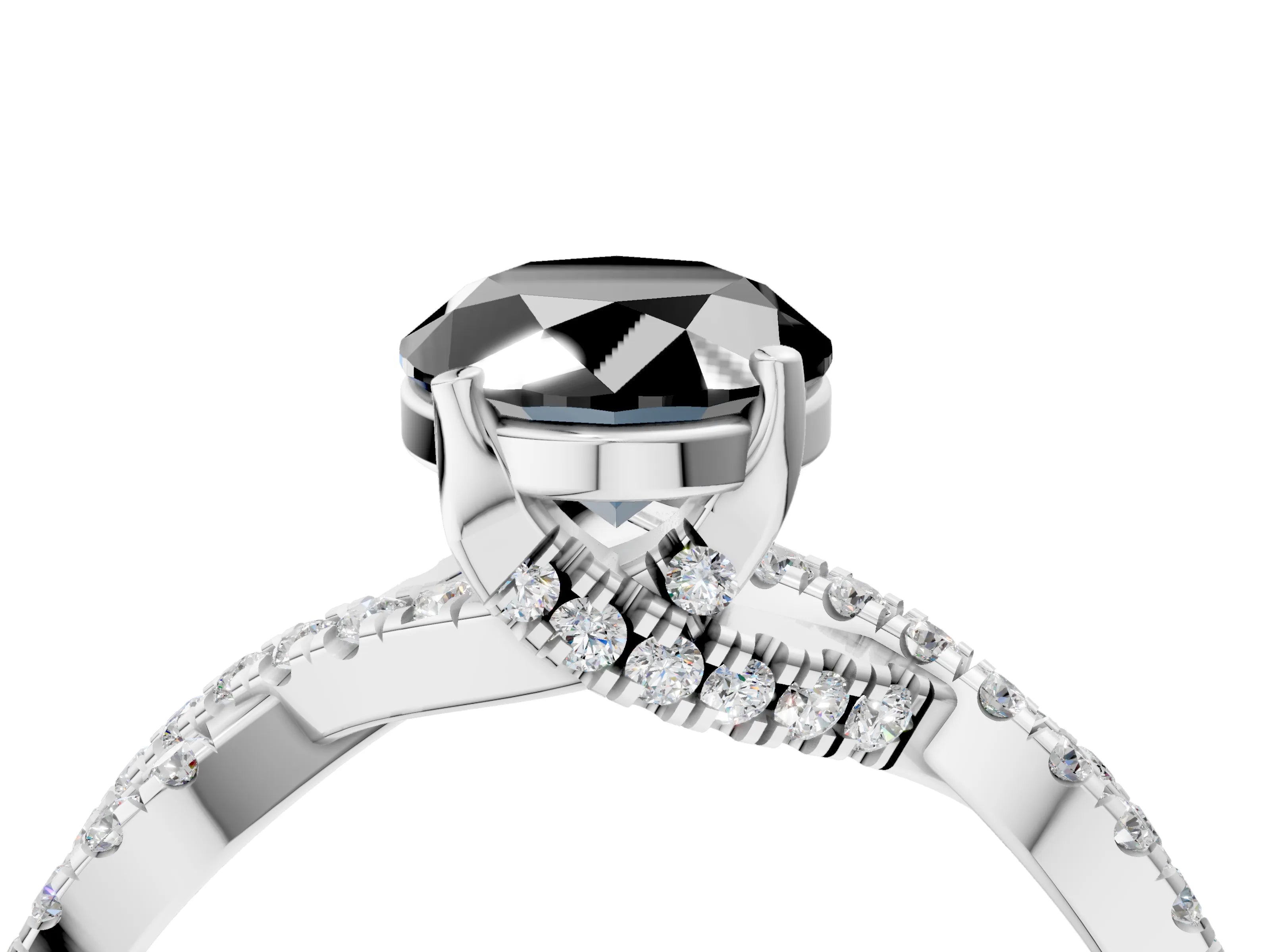 White gold Fancy Black Oval Cut Solitaire Twist Pave Diamond Engagement Ring with Prong Setting_4