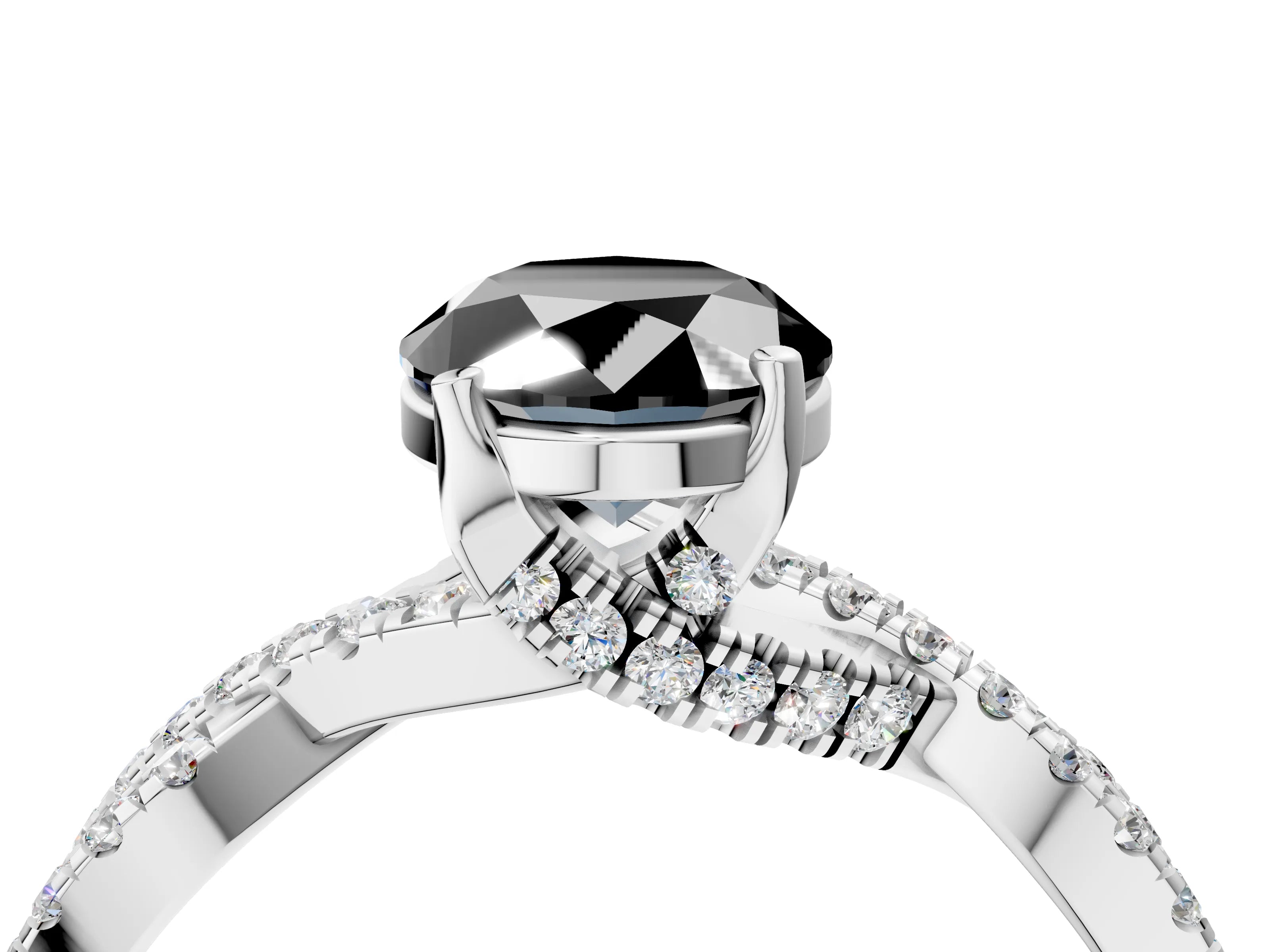 White gold Fancy Black Oval Cut Solitaire Twist Pave Diamond Engagement Ring with Prong Setting_4