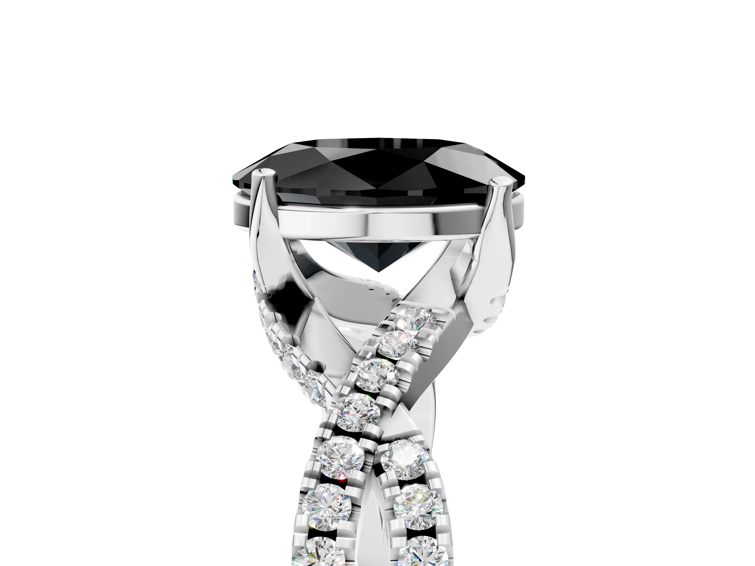 White gold Fancy Black Oval Cut Solitaire Twist Pave Diamond Engagement Ring with Prong Setting_5