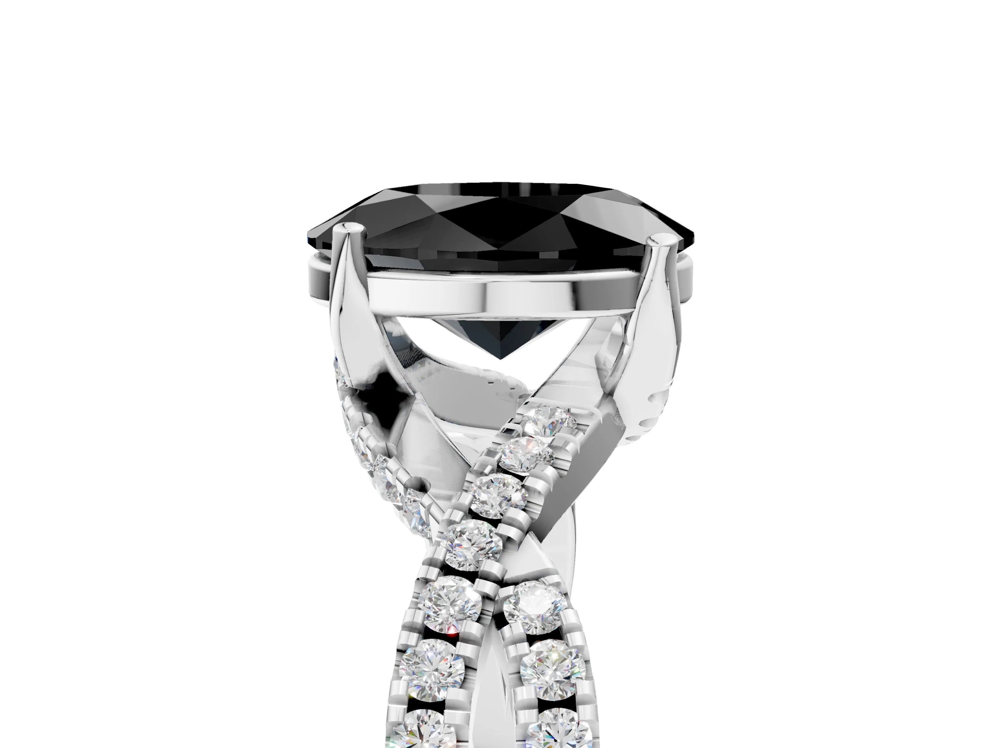 White gold Fancy Black Oval Cut Solitaire Twist Pave Diamond Engagement Ring with Prong Setting_5