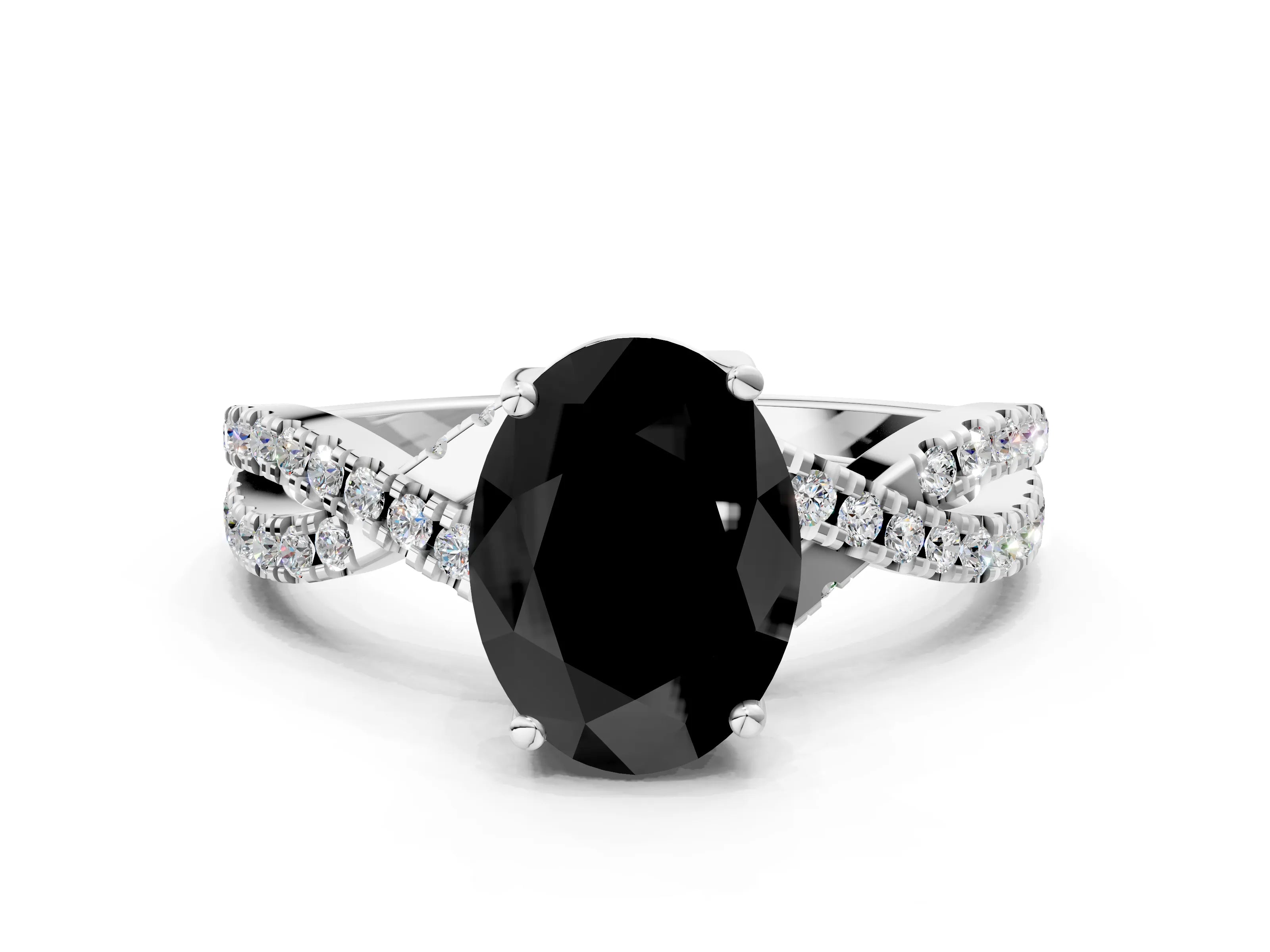 White gold Fancy Black Oval Cut Solitaire Twist Pave Diamond Engagement Ring with Prong Setting