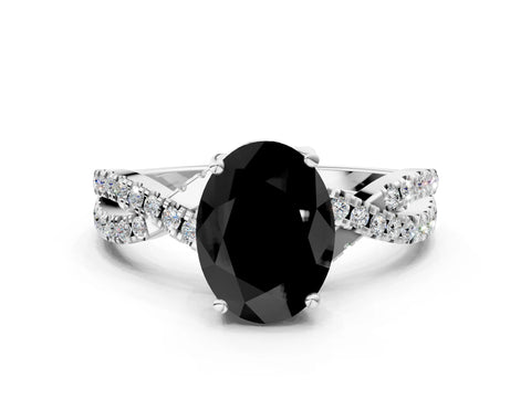 White gold Fancy Black Oval Cut Solitaire Twist Pave Diamond Engagement Ring with Prong Setting