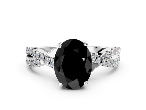 White gold Fancy Black Oval Cut Solitaire Twist Pave Diamond Engagement Ring with Prong Setting
