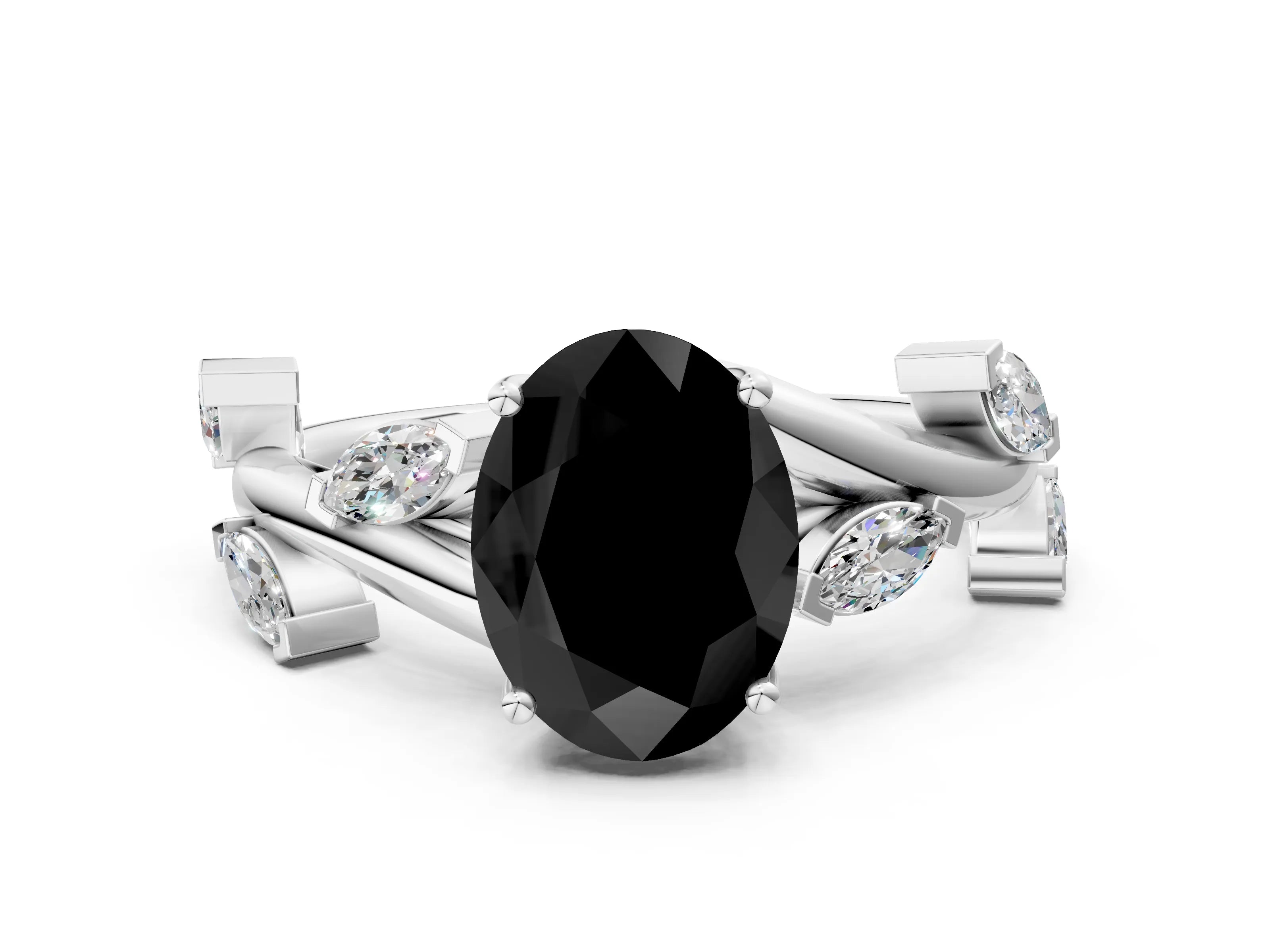 White gold Fancy Black Oval Cut Solitaire Twisted Band Marquise Accent Prong Setting Ring