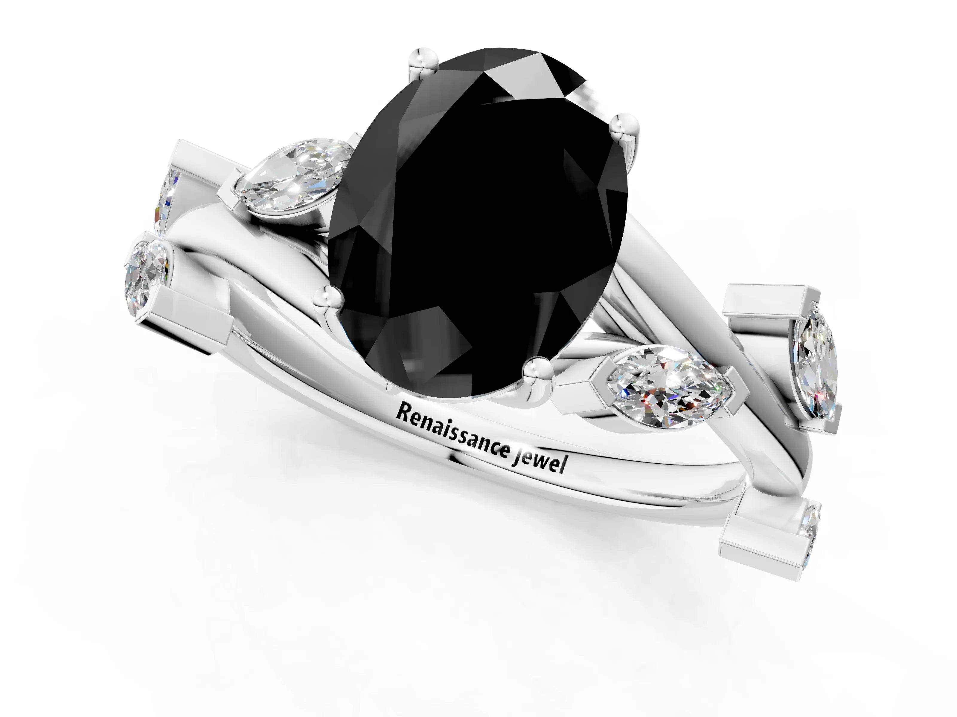 White gold Fancy Black Oval Cut Solitaire Twisted Band Marquise Accent Prong Setting Ring_1