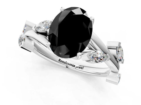 White gold Fancy Black Oval Cut Solitaire Twisted Band Marquise Accent Prong Setting Ring_1