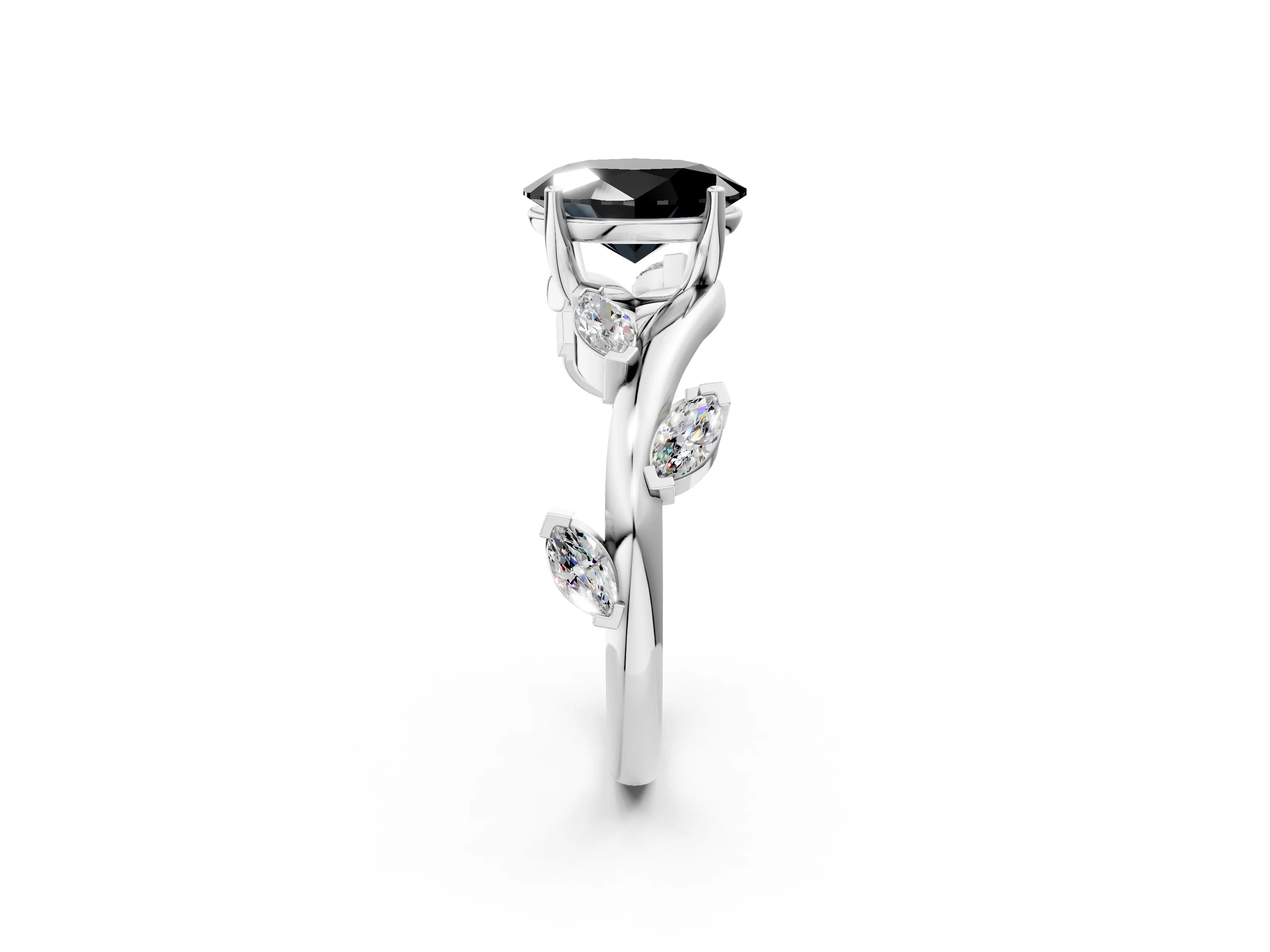 White gold Fancy Black Oval Cut Solitaire Twisted Band Marquise Accent Prong Setting Ring_2
