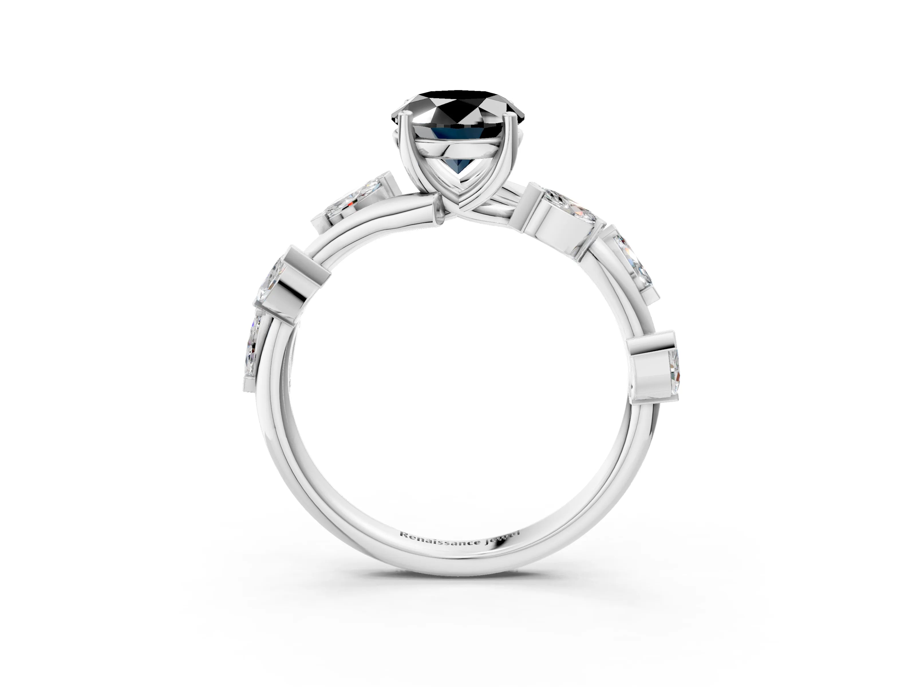White gold Fancy Black Oval Cut Solitaire Twisted Band Marquise Accent Prong Setting Ring_3